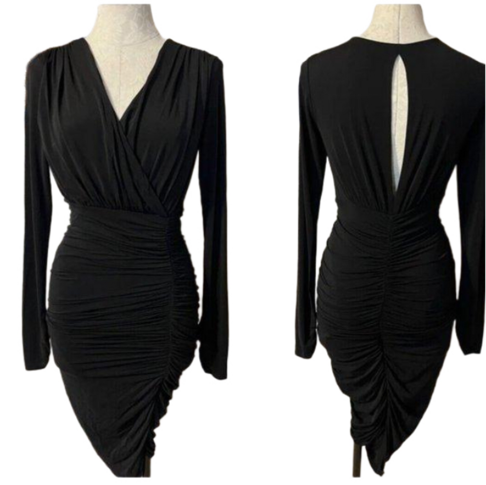 BCBGMAXAZRIA Dalton Dress M Medium Black Open Back Stretch Long Sleeve - Picture 2 of 9